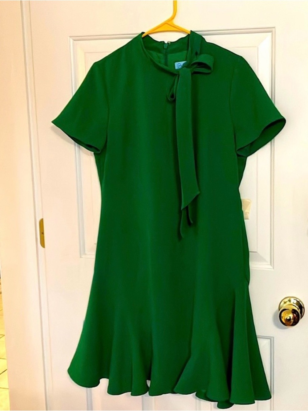 CeCe Green Shift Dress with Tie Neck